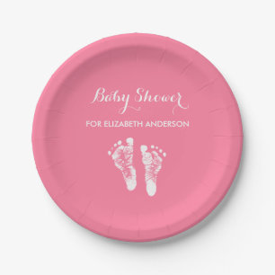 Simple Pink Newborn Footprints Girl Baby Shower Paper Plate