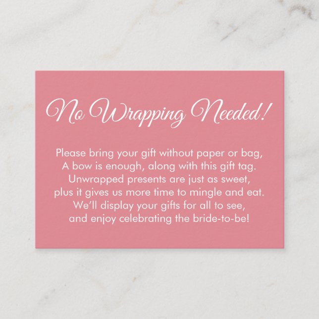 Simple Pink "No Wrapping Needed" Bridal Shower Enclosure Card (Front)