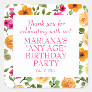 Simple Pink Orange Floral Birthday Party Favour Square Sticker