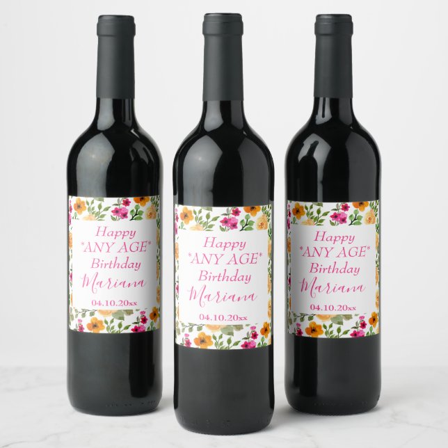 Simple Pink Orange Floral Birthday Party Wine Label (Bottles)
