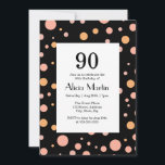 Simple Pink & Peach Polka Dot Black 90th Birthday Invitation<br><div class="desc">Celebrate in Style with our Simple Pink and Peach Polka Dot Black 90th Birthday Invitations. Classically designed with a black background, the modern pink and peach polka dot details add an airy and fun feel. Beautiful yet simple, these invitations are perfect to honour the special birthday of your loved one...</div>