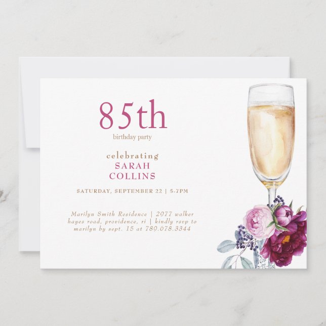 Simple Pink Peonies Champagne 85th Birthday Party  Invitation (Front)