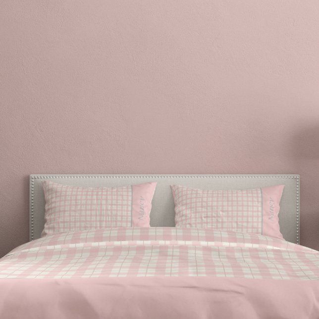 Simple Pink Plaid Custom Name Farmhouse  Pillowcase (Simple Pink Plaid Custom Name Farmhouse Duvet Cover)