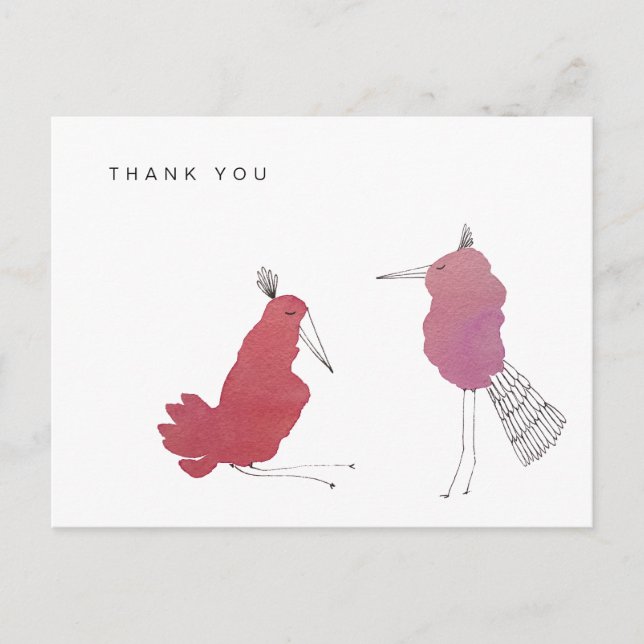 Simple Pink Red Watercolor Birds Thank You Card (Front)