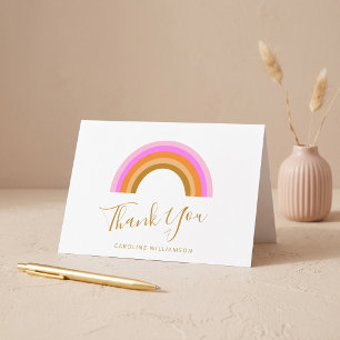 Simple Pink Retro Rainbow Personalized Script Name Thank You Card