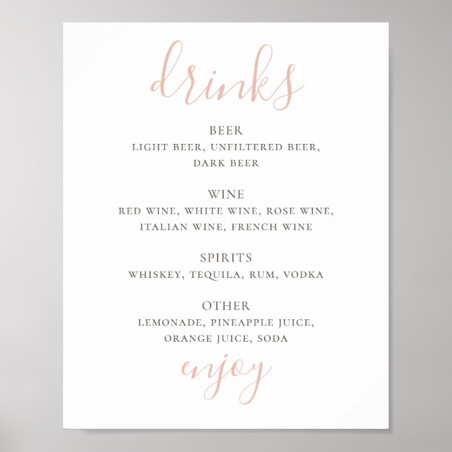 Simple pink script. Alcohol drinks wedding bar Poster (Front)