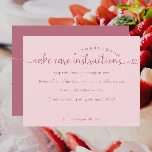 Simple Pink Script Cake Care Instructions Bakery Thank You Card