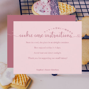 Simple Pink Script Cookie Care Instructions Bakery Thank You Card