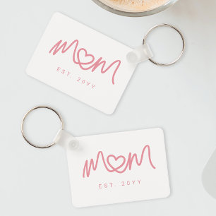 Simple Pink Script Heart Cute New Mom Established Keychain