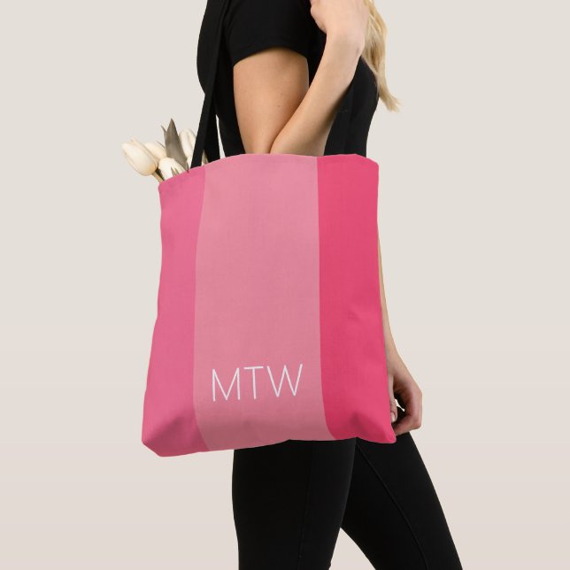 Simple Pink Stripes White Monogram Tote Bag (Close Up)