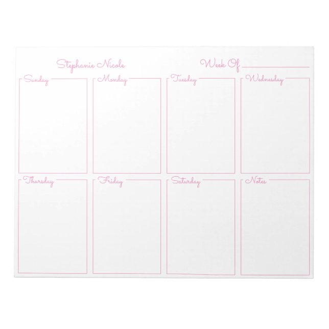 Simple Pink Thin Border Name Weekly Planner Notepad (Front)