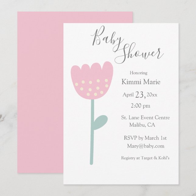 Simple Pink Tulip Minimalistic Watercolor Script Invitation (Front/Back)