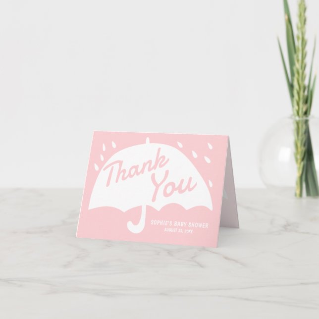 Simple Pink Umbrella Rain Baby Shower Thank You (Front)