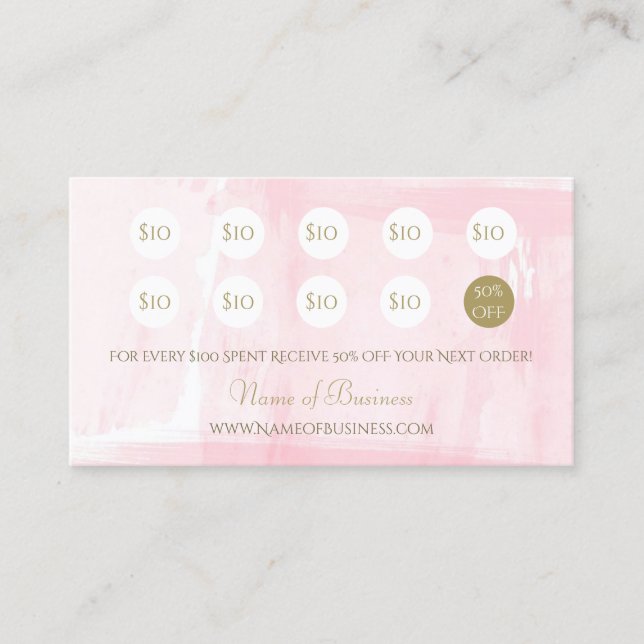 Simple Pink Watercolor Elegant Gold Script Loyalty Card (Front)