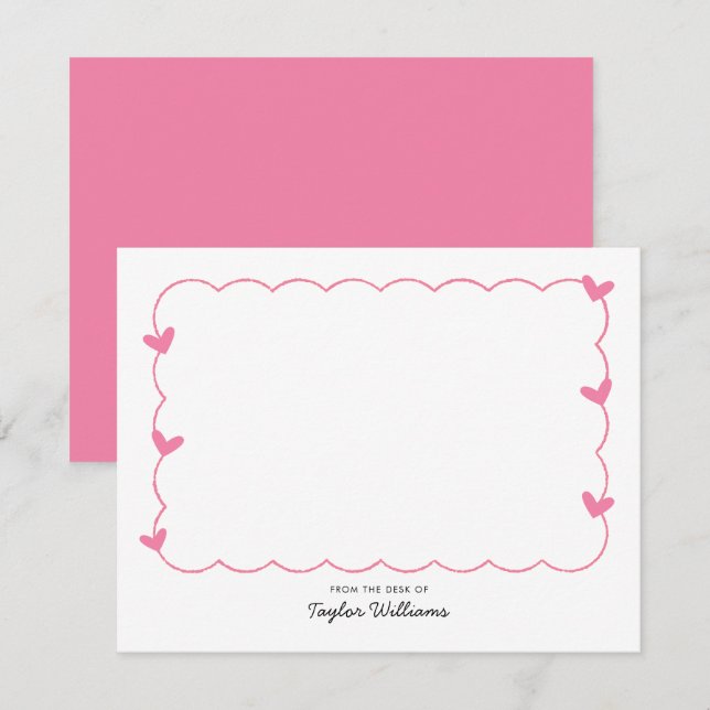 Simple Pink Wavy Border Heart Stationery Card (Front/Back)