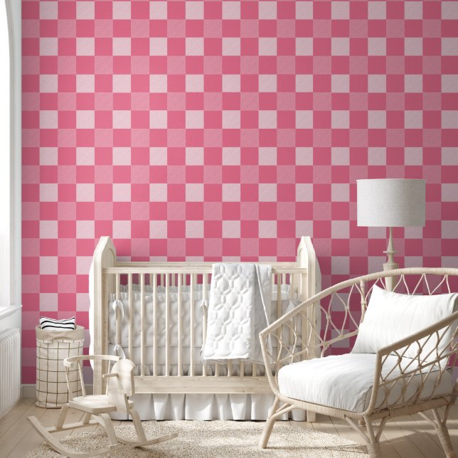 Simple Pink White Checks Pattern Wallpaper (Kids)