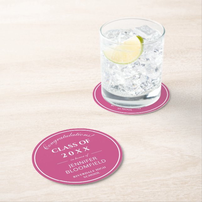 Simple Pink & White Modern Graduation   Round Paper Coaster (Insitu)