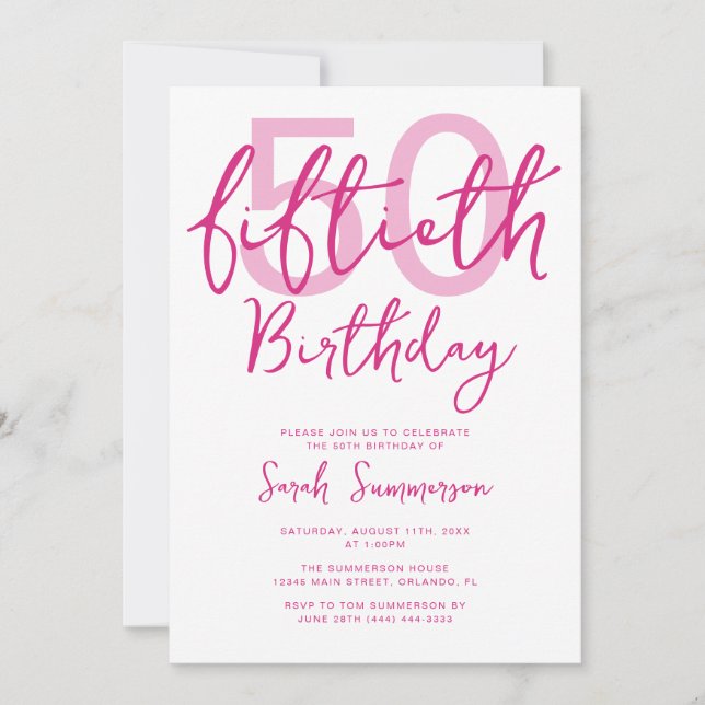 Simple Pink White Script 50th Birthday Party Invitation (Front)