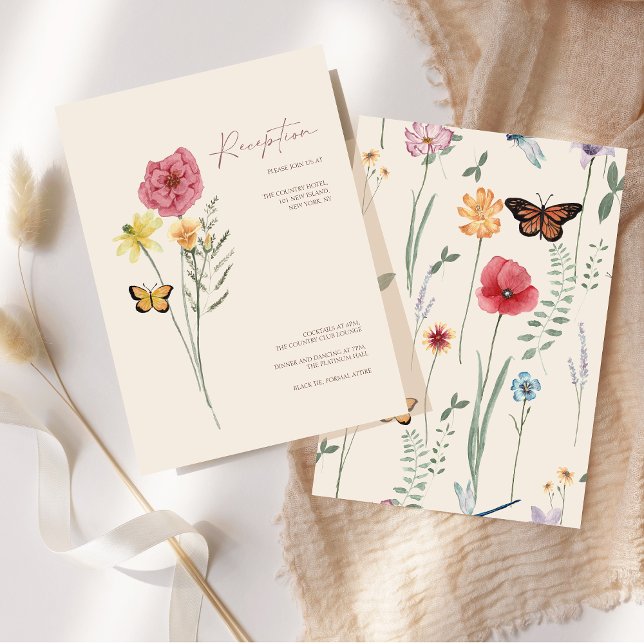 Simple Pink Wildflower Whimsical Wedding Reception Enclosure Card (Simple Pink Yellow Wildflower Whimsical Reception Enclosure Card)