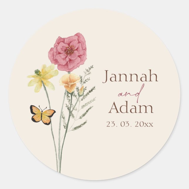 Simple Pink Yellow Wildflower Whimsical Wedding  Classic Round Sticker (Front)
