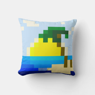 Simple pixel sunrise at sea with mini island throw pillow