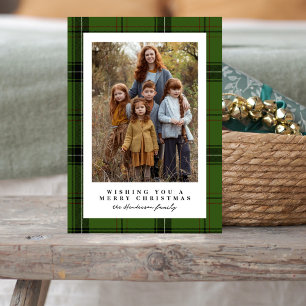 Simple Plaid Frame Dark Green Photo Christmas Holiday Card