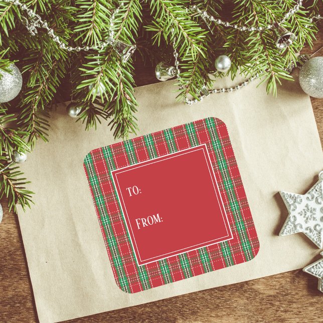 Simple Plaid Holiday Red and Green To From  Square Sticker (Christmas holiday square sticker with red and green plaid pattern. )