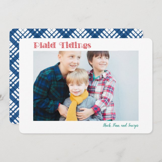 Simple Plaid Tidings 1 or 2 Photo Holiday Card (Front/Back)