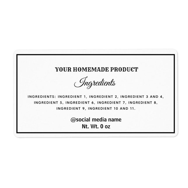 Simple plain black and white ingredients label (Front)