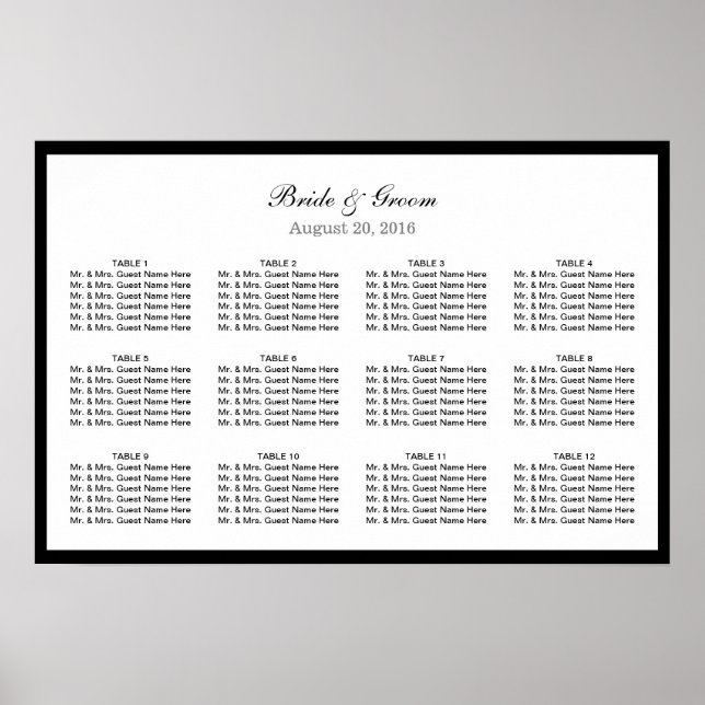 Simple Plain Black Border Wedding Seating Chart (Front)