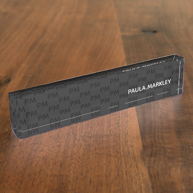 Simple Plain Black Grey Modern Monogram Pattern Nameplate (Side)