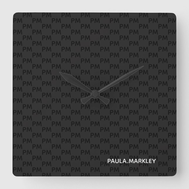 Simple Plain Black Grey Modern Monogram Pattern Square Wall Clock (Front)