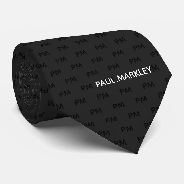 Simple Plain Black Grey Modern Monogram Pattern Tie (Rolled)