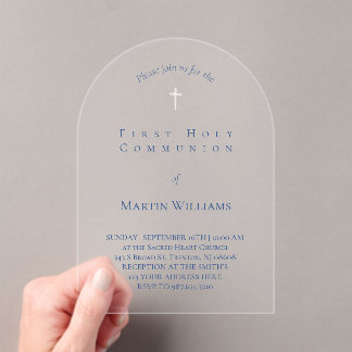 simple plain blue ink First Holy Communion Acrylic Invitations