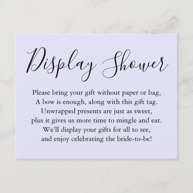 Simple Plain Display Bridal Shower Lavender Enclosure Card (Front)