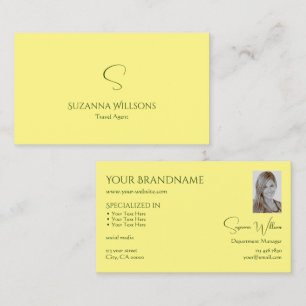 Simple Plain Light Yellow with Monogram and Photo Business Card