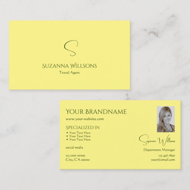 Simple Plain Light Yellow with Monogram and Photo Business Card (Front/Back)