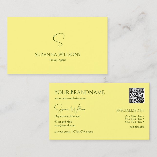 Simple Plain Light Yellow with Monogram QR Code Business Card (Front/Back)