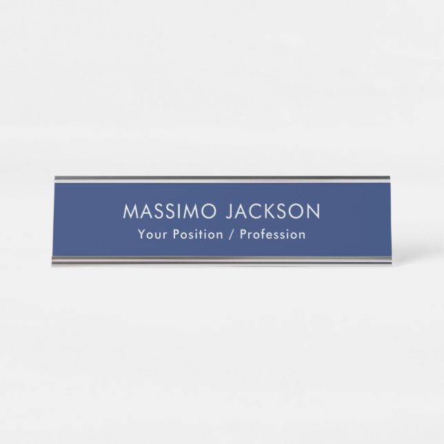 Simple Plain Minimalist Elegant Modern Blue Desk Name Plate (Front)