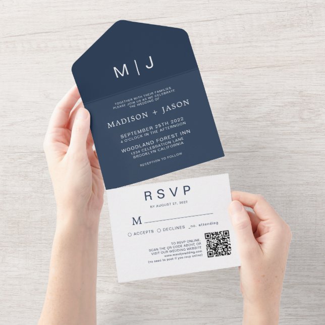 Simple Plain Navy Blue Monogram QR Code Wedding All In One Invitation (Tearaway)