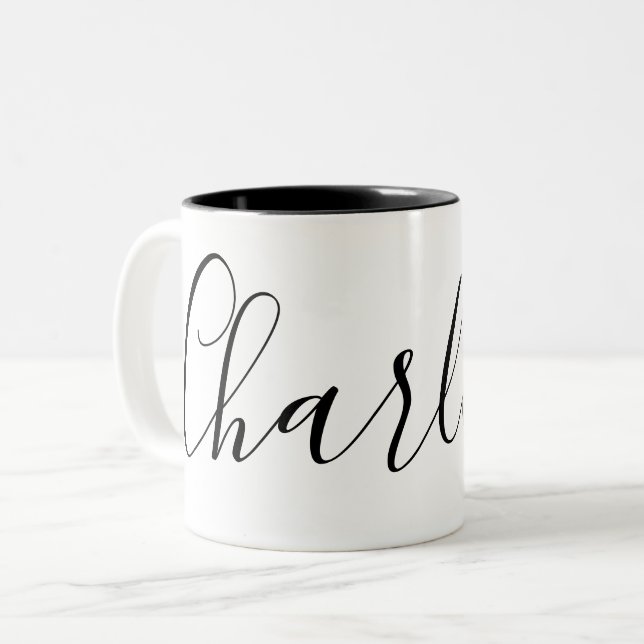 Simple Plain White and Black Custom Name Charlotte Two-Tone Coffee Mug (Front Left)