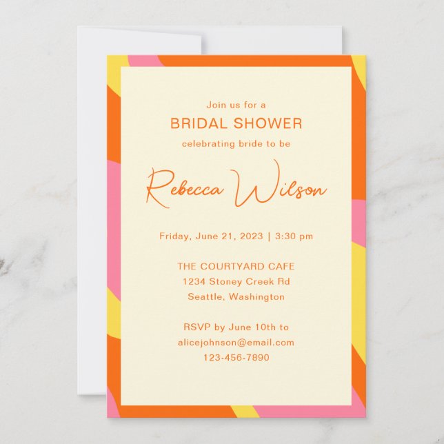 Simple Playful Orange Pink Custom Bridal Shower Invitation (Front)
