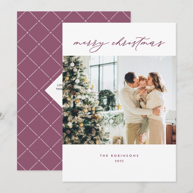 Simple Plum Purple Modern Script Christmas Photo Holiday Card (Front/Back)