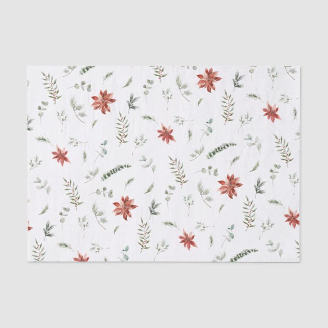 Simple Poinsettia Berry Watercolor Christmas Tissue Paper (Front)