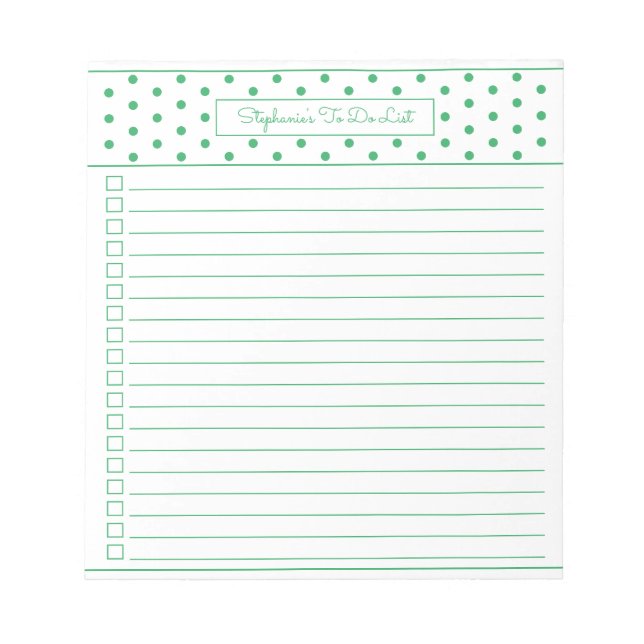 Simple Polka Dot Green One Column To Do Checklist Notepad (Front)