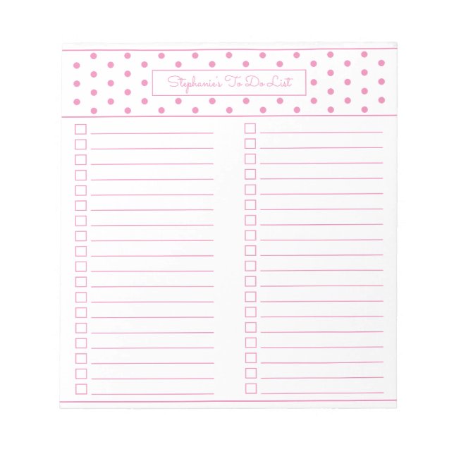 Simple Polka Dot Pink Two Column To Do Checklist Notepad (Front)