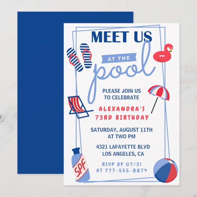 Simple Pool Party 73rd birthday invitations  (Front/Back)