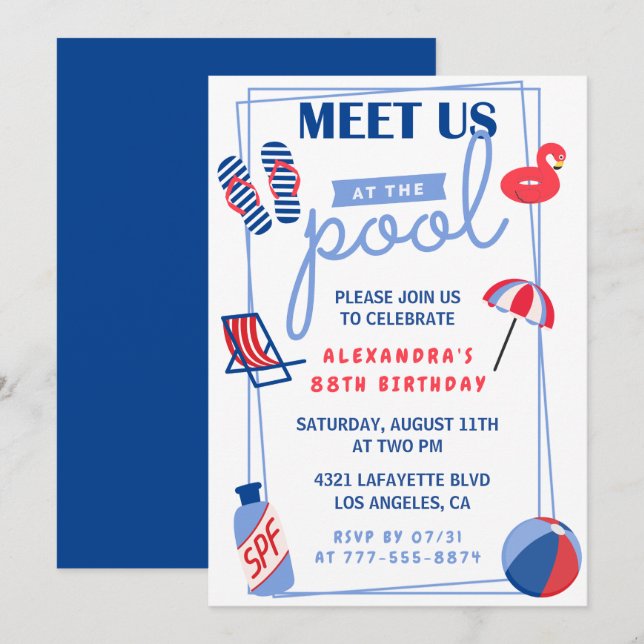 Simple Pool Party 88th birthday invitations  (Front/Back)