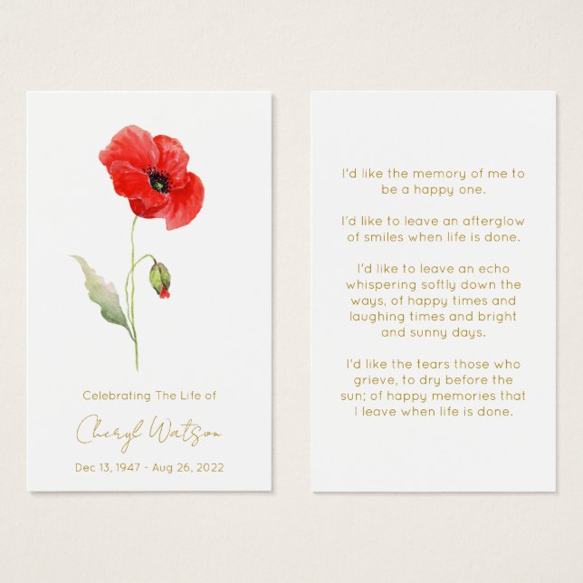 Simple Poppy Funeral Memorial Prayer Card (Front & Back)