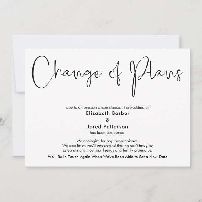 Simple Postponed Wedding Change of Plans Card (Front)